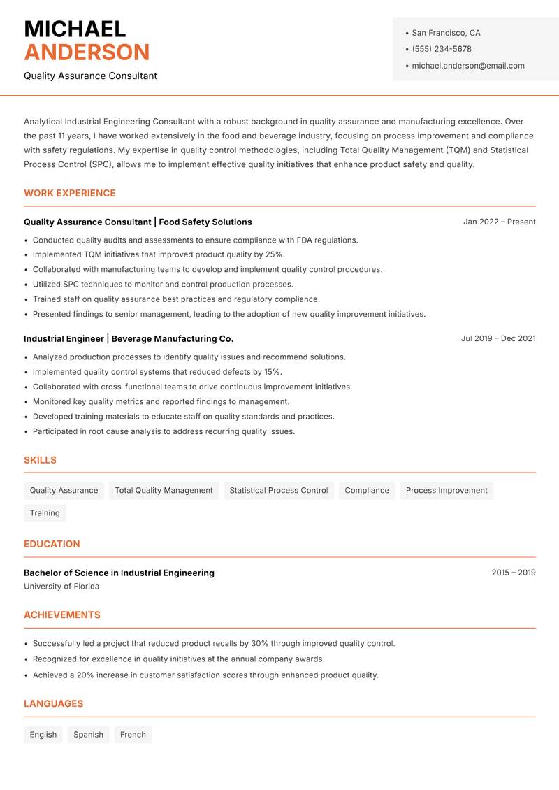 Industrial Engineering Consultant resume sample — Quality Assurance Consultant focus