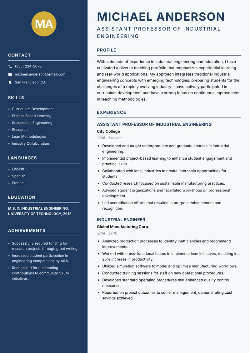 Industrial Engineering Educator resume sample — Assistant Professor of Industrial Engineering focus