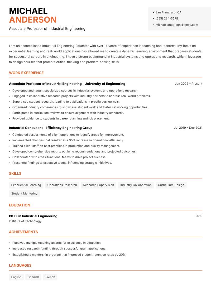 Industrial Engineering Educator resume sample — Associate Professor of Industrial Engineering focus