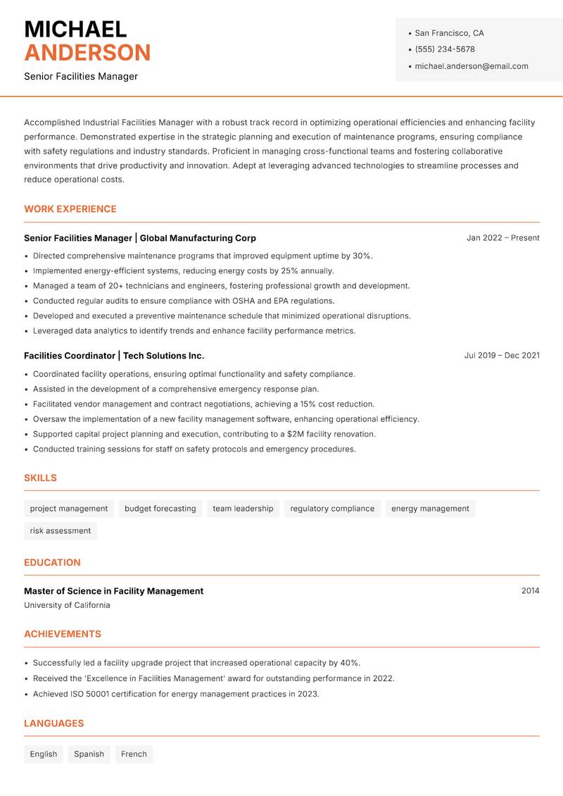 Industrial Facilities Manager resume sample — Senior Facilities Manager focus