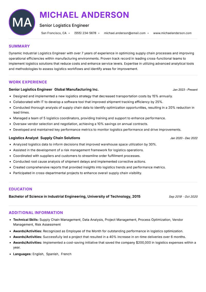 Industrial Logistics Engineer resume example