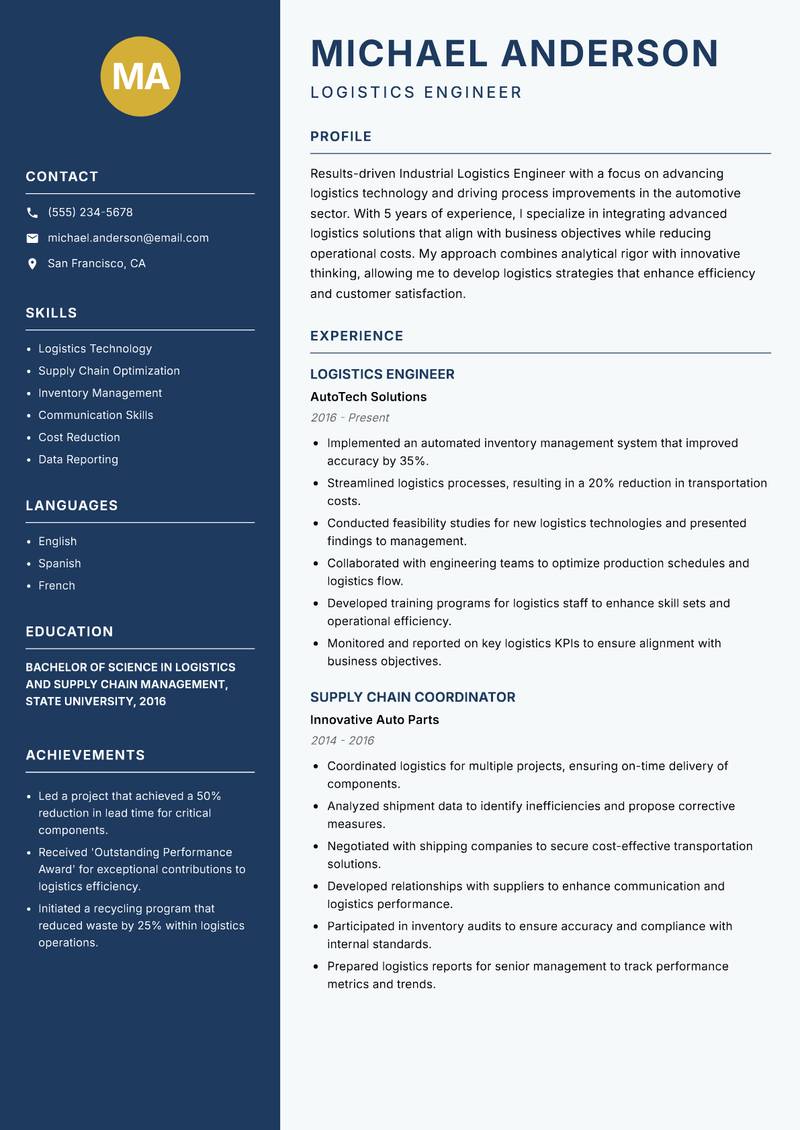 Industrial Logistics Engineer resume sample — Logistics Engineer focus