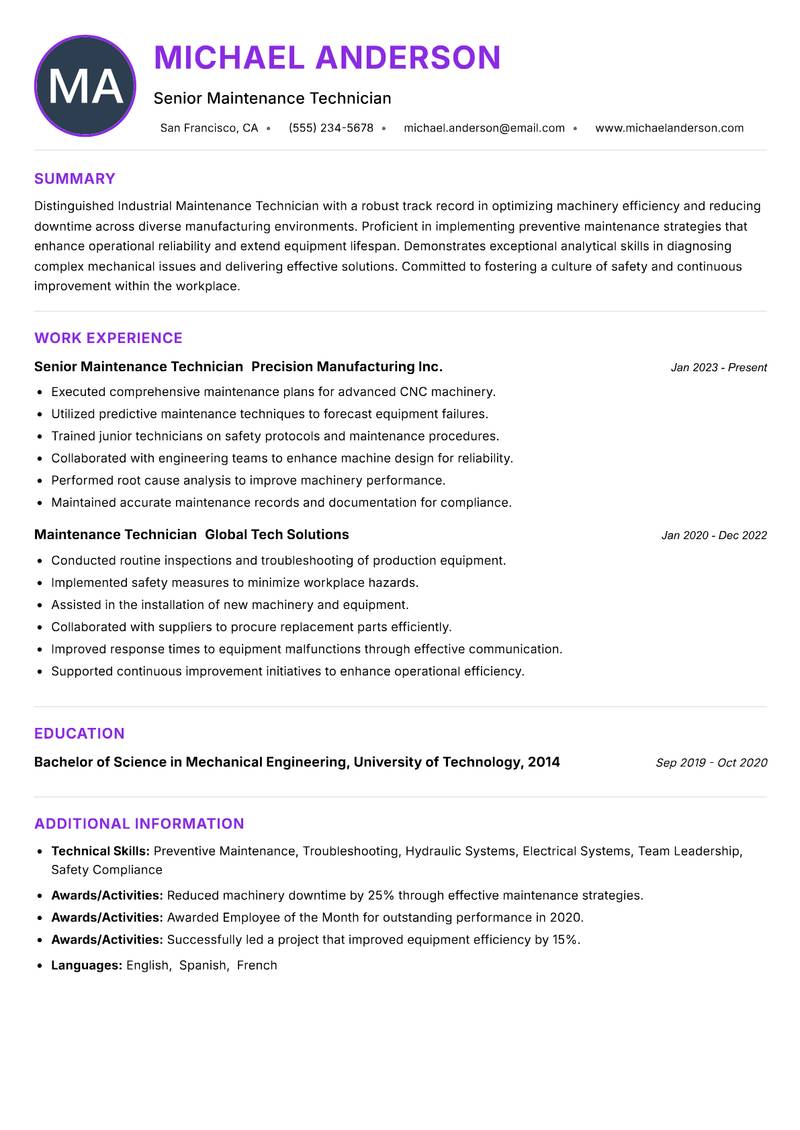 Industrial Maintenance Technician resume example