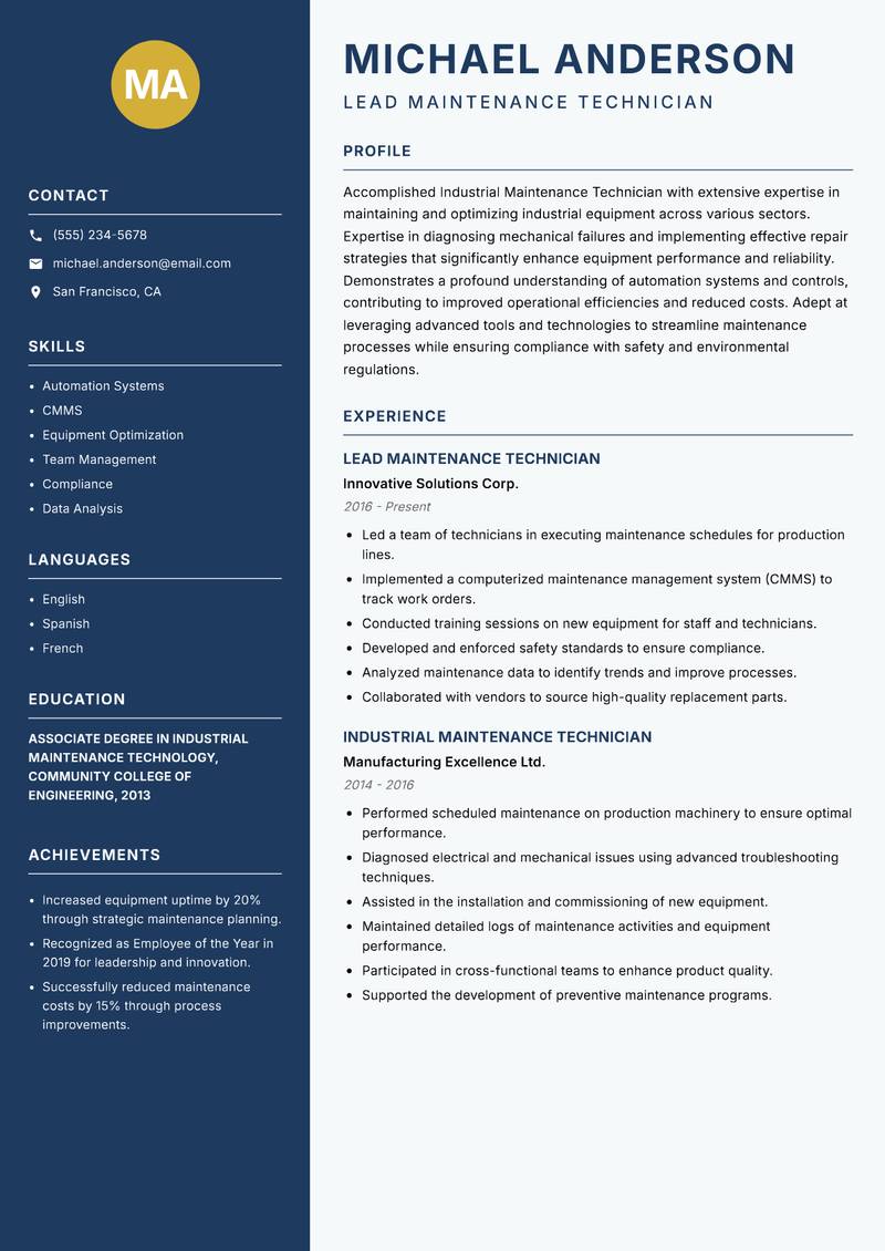 Industrial Maintenance Technician resume sample — Lead Maintenance Technician focus