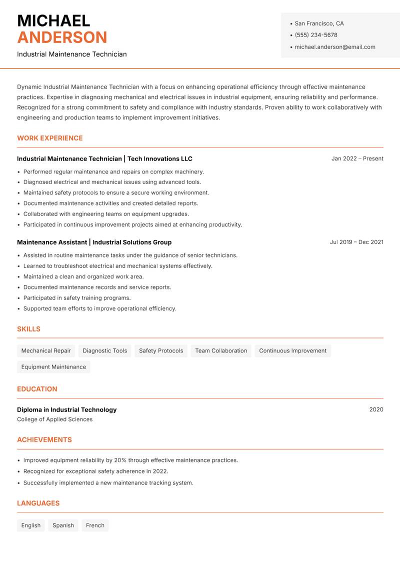 Industrial Maintenance Technician resume sample — Industrial Maintenance Technician focus