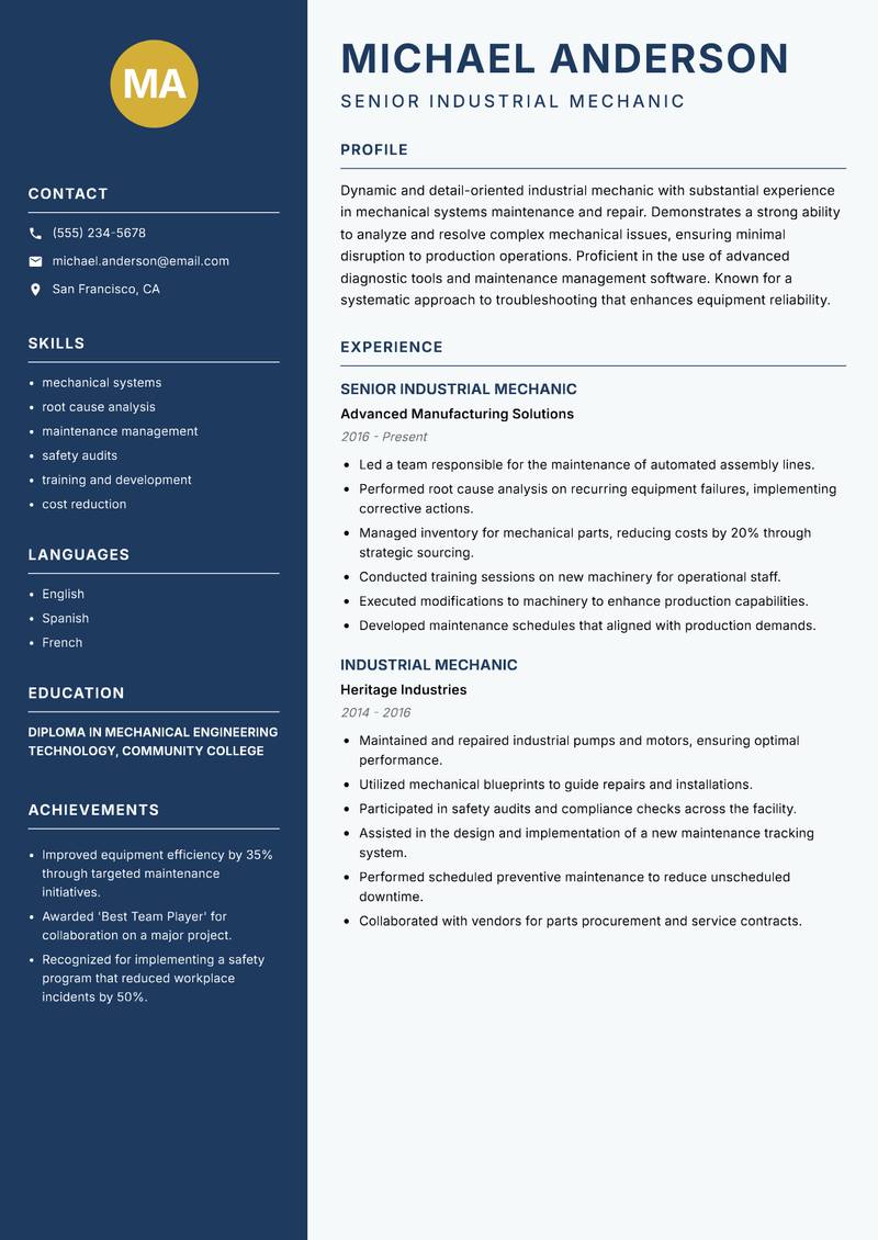 Industrial Mechanic resume sample — Senior Industrial Mechanic focus