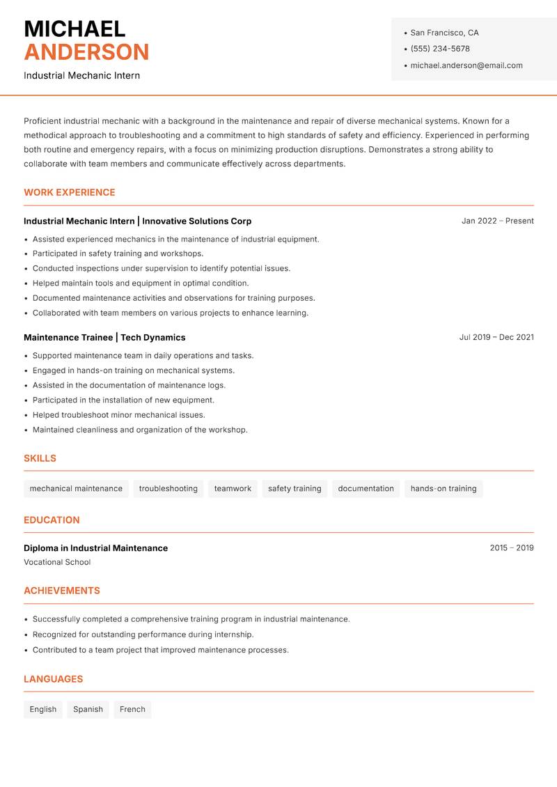 Industrial Mechanic resume sample — Industrial Mechanic Intern focus