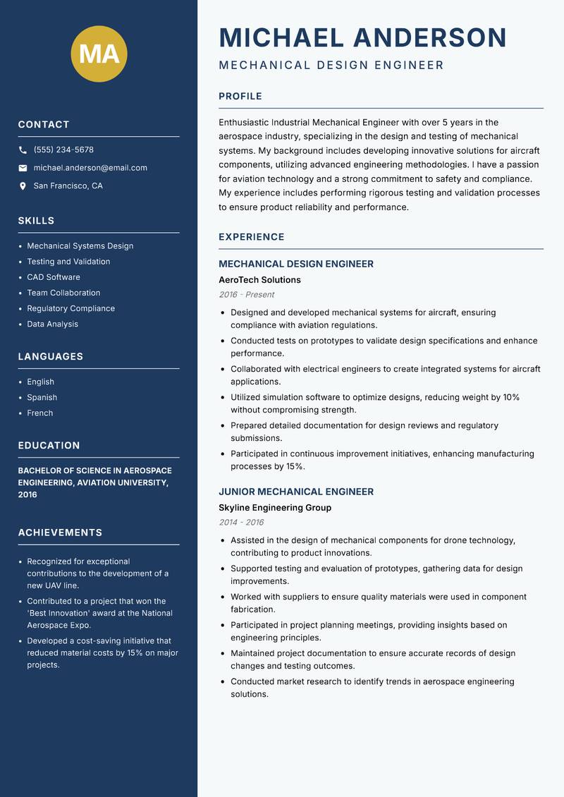 Industrial Mechanical Engineer resume sample — Mechanical Design Engineer focus