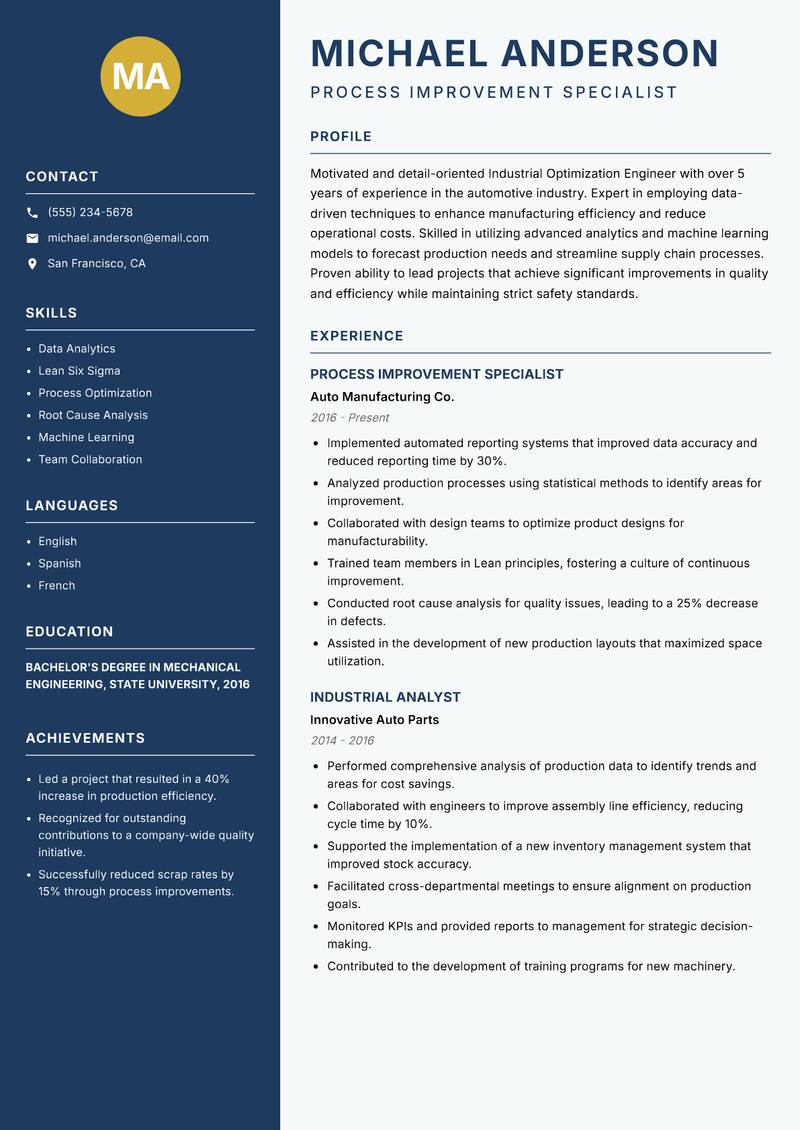 Industrial Optimization Engineer resume sample — Process Improvement Specialist focus