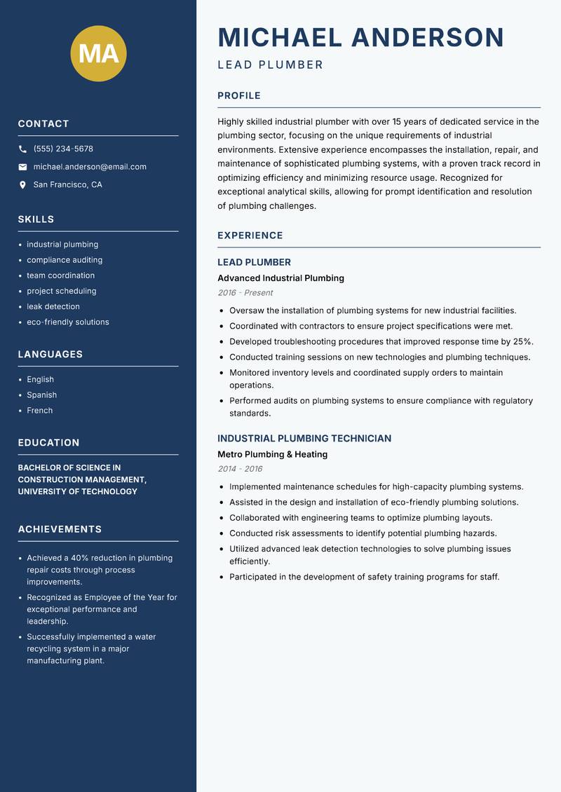Industrial Plumber resume sample — Lead Plumber focus