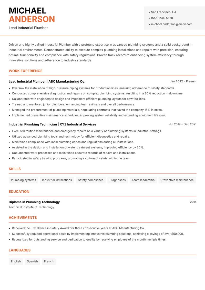 Industrial Plumber resume sample — Lead Industrial Plumber focus