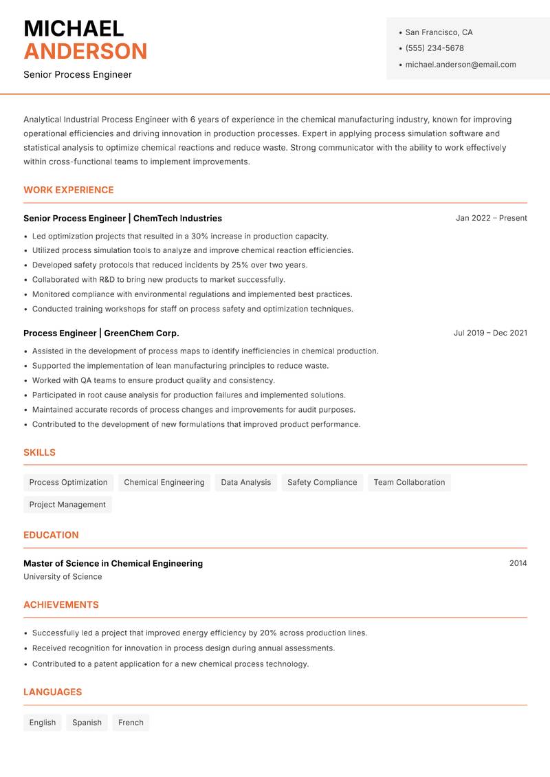 Industrial Process Engineer resume sample — Senior Process Engineer focus