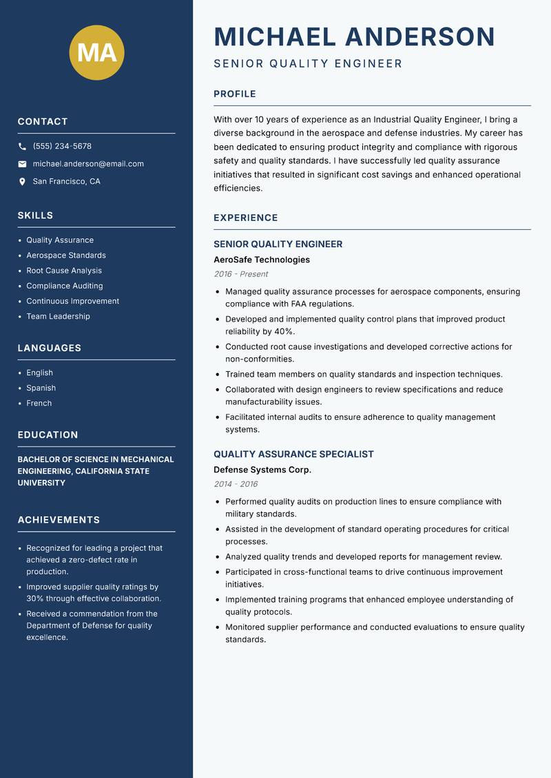 Industrial Quality Engineer resume sample — Senior Quality Engineer focus
