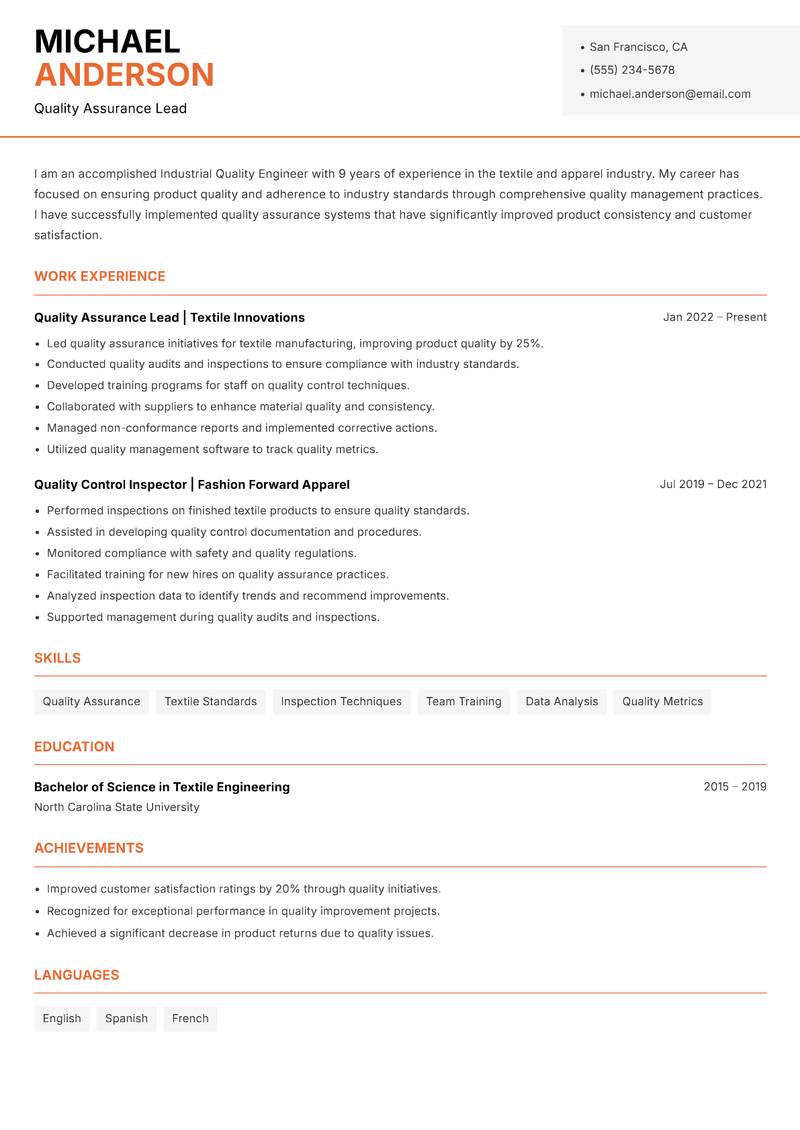 Industrial Quality Engineer resume sample — Quality Assurance Lead focus