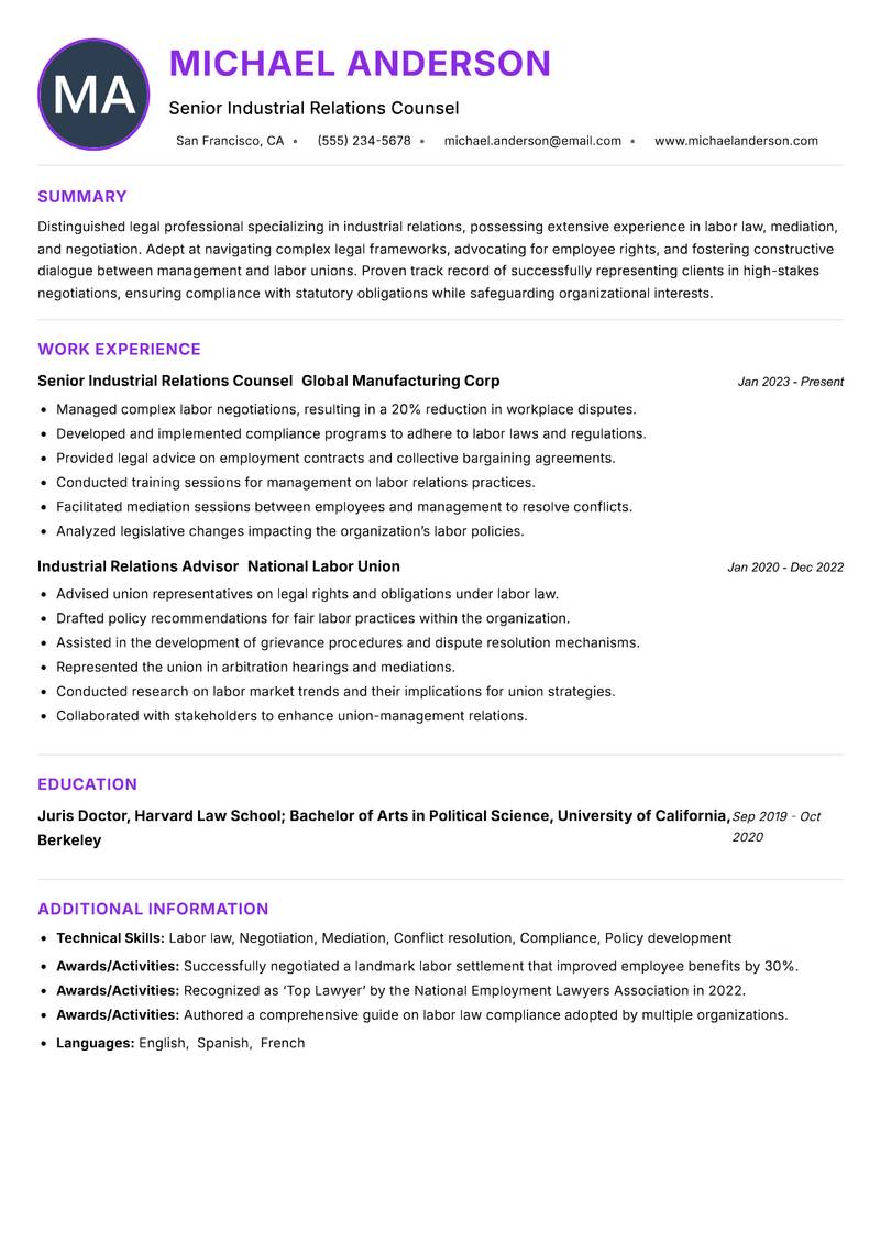 Industrial Relations Lawyer resume example