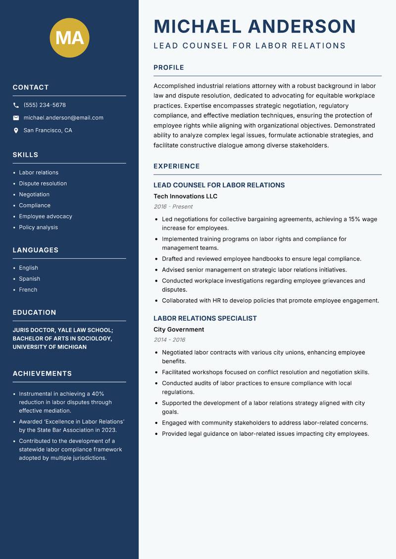 Industrial Relations Lawyer resume sample — Lead Counsel for Labor Relations focus