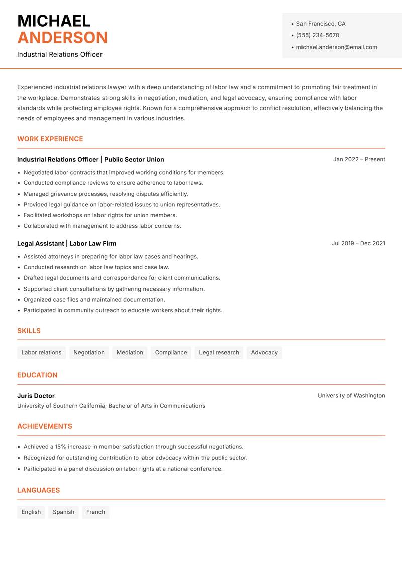 Industrial Relations Lawyer resume sample — Industrial Relations Officer focus