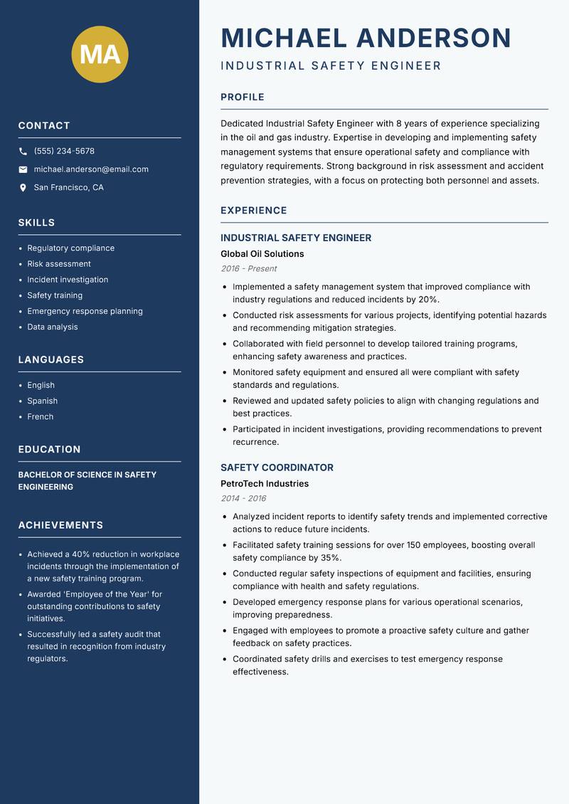 Industrial Safety Engineer resume sample — Industrial Safety Engineer focus