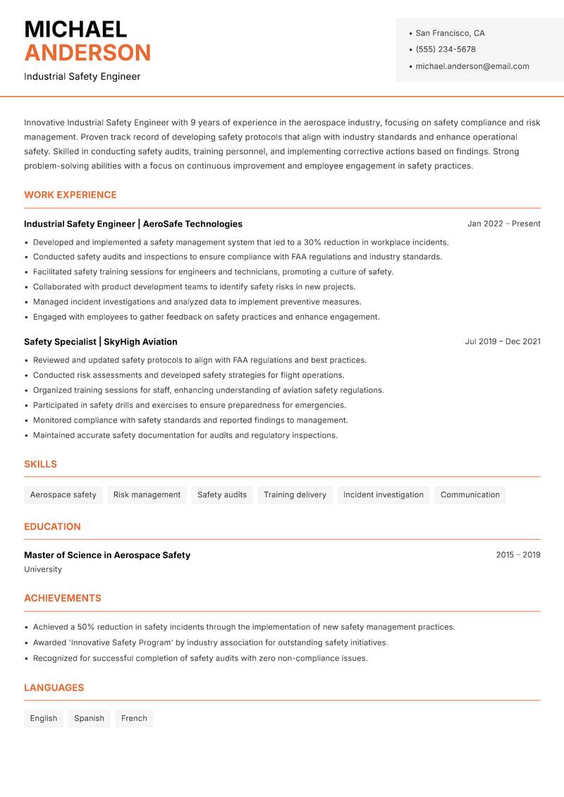 Industrial Safety Engineer resume sample — Industrial Safety Engineer focus