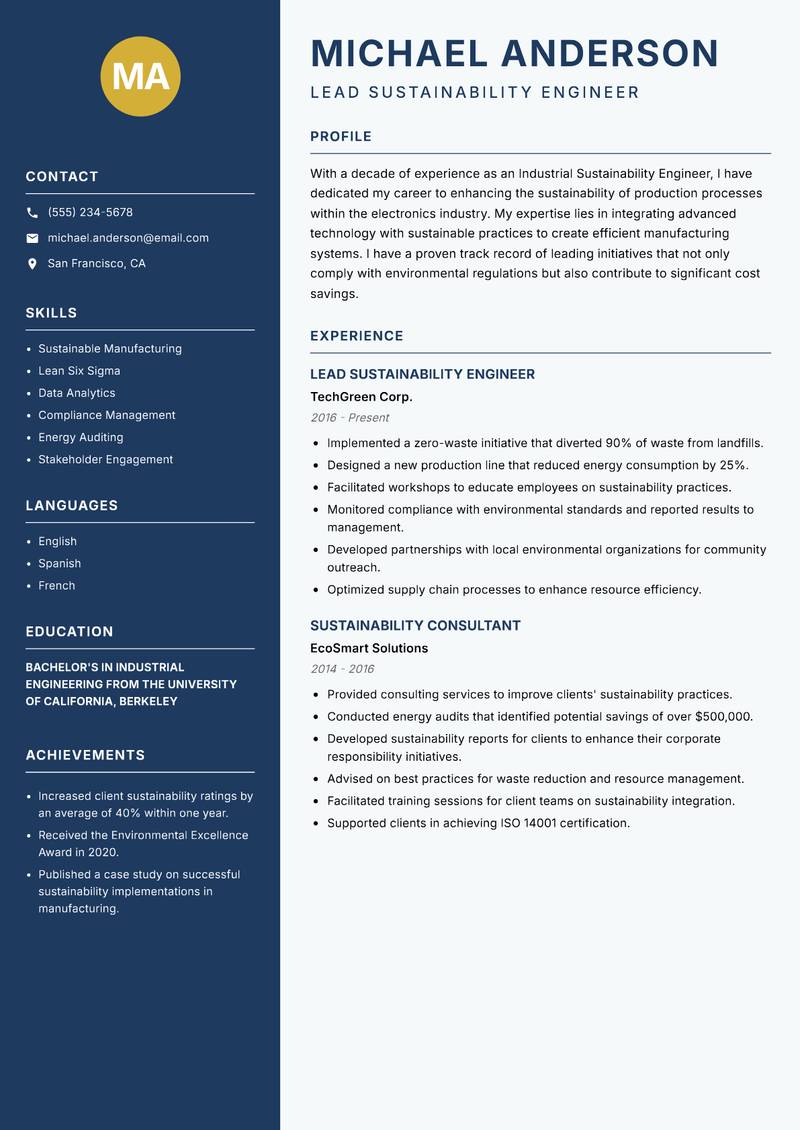 Industrial Sustainability Engineer resume sample — Lead Sustainability Engineer focus