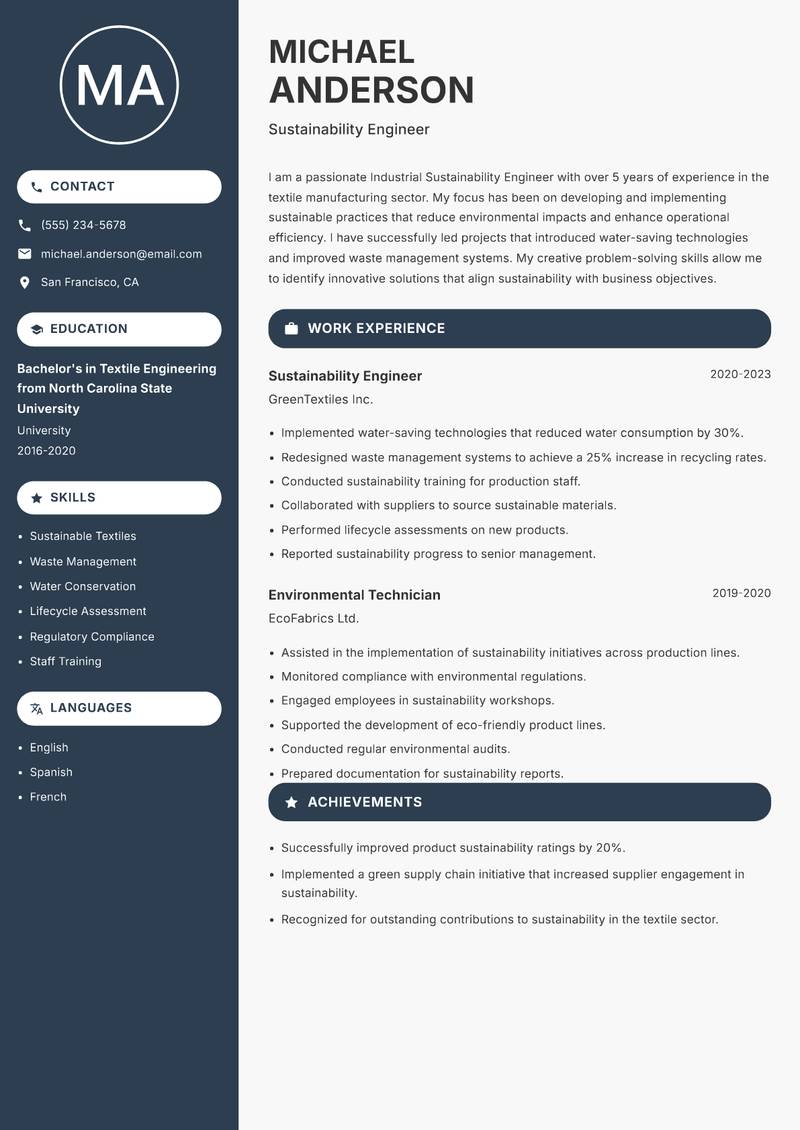 Industrial Sustainability Engineer resume sample — Sustainability Engineer focus