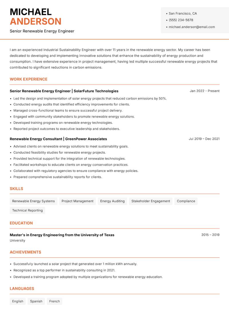 Industrial Sustainability Engineer resume sample — Senior Renewable Energy Engineer focus