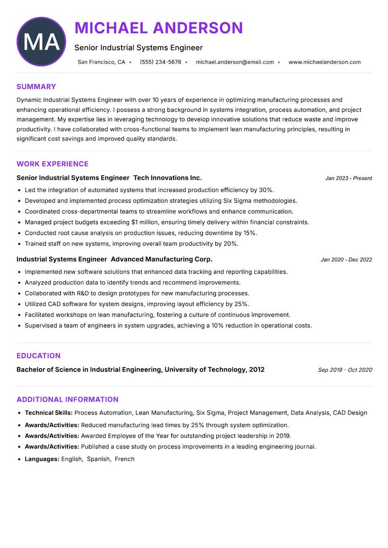 Industrial Systems Engineer resume example