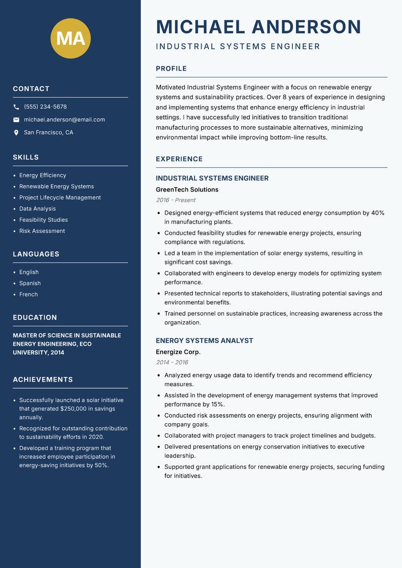 Industrial Systems Engineer resume sample — Industrial Systems Engineer focus