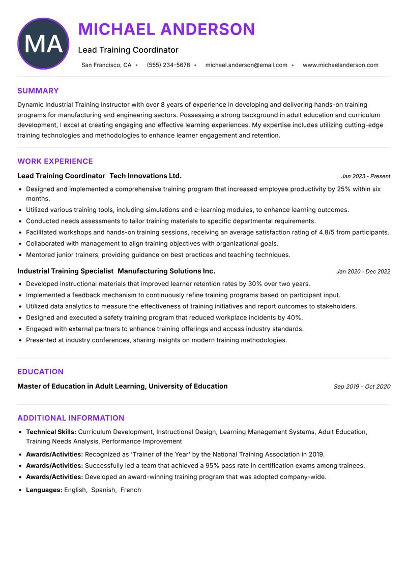 Industrial Training Instructor resume example