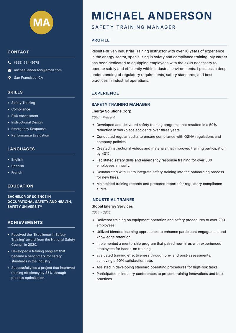 Industrial Training Instructor resume sample — Safety Training Manager focus