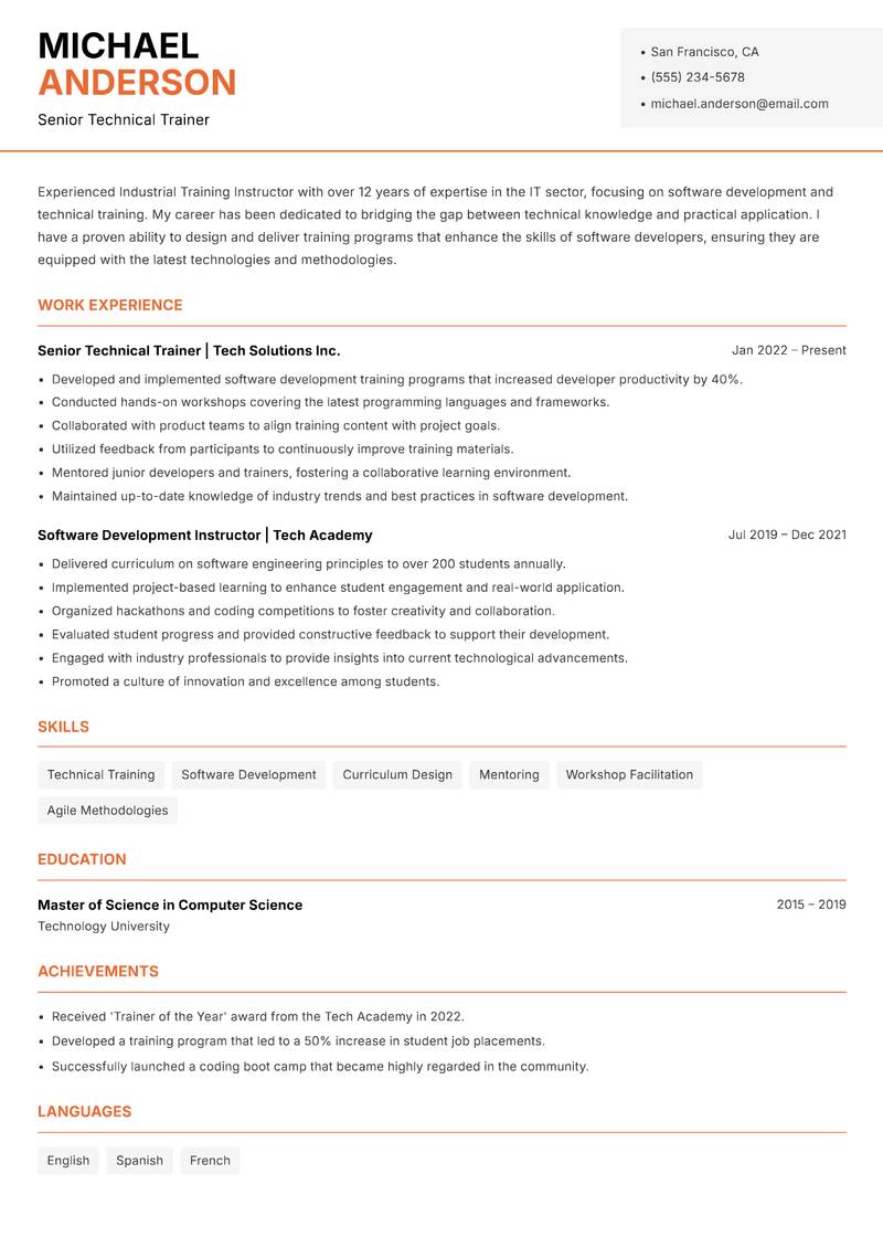 Industrial Training Instructor resume sample — Senior Technical Trainer focus