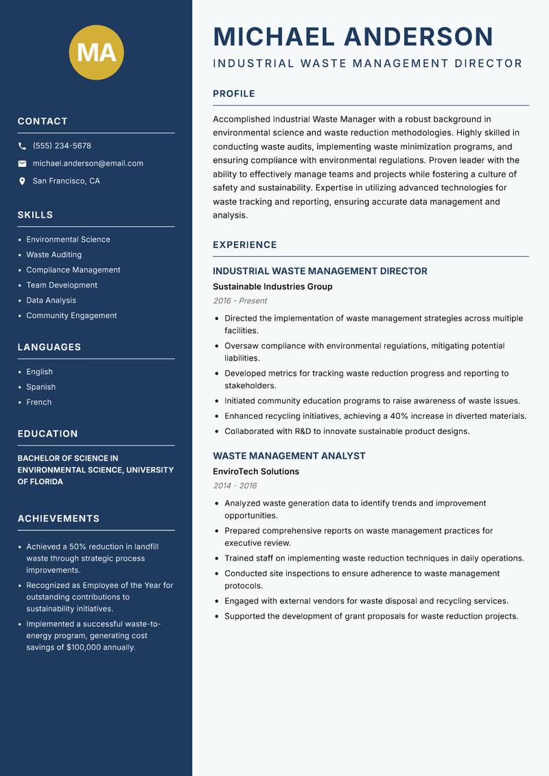 Industrial Waste Manager resume sample — Industrial Waste Management Director focus