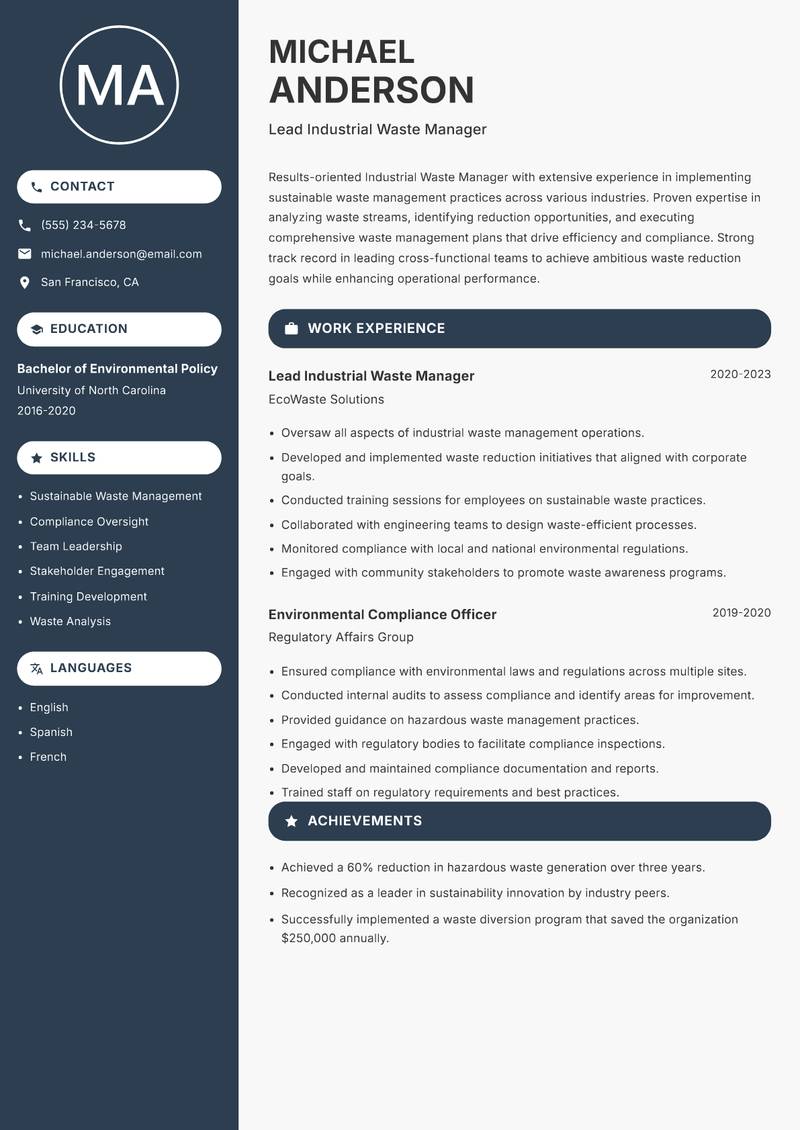Industrial Waste Manager resume sample — Lead Industrial Waste Manager focus