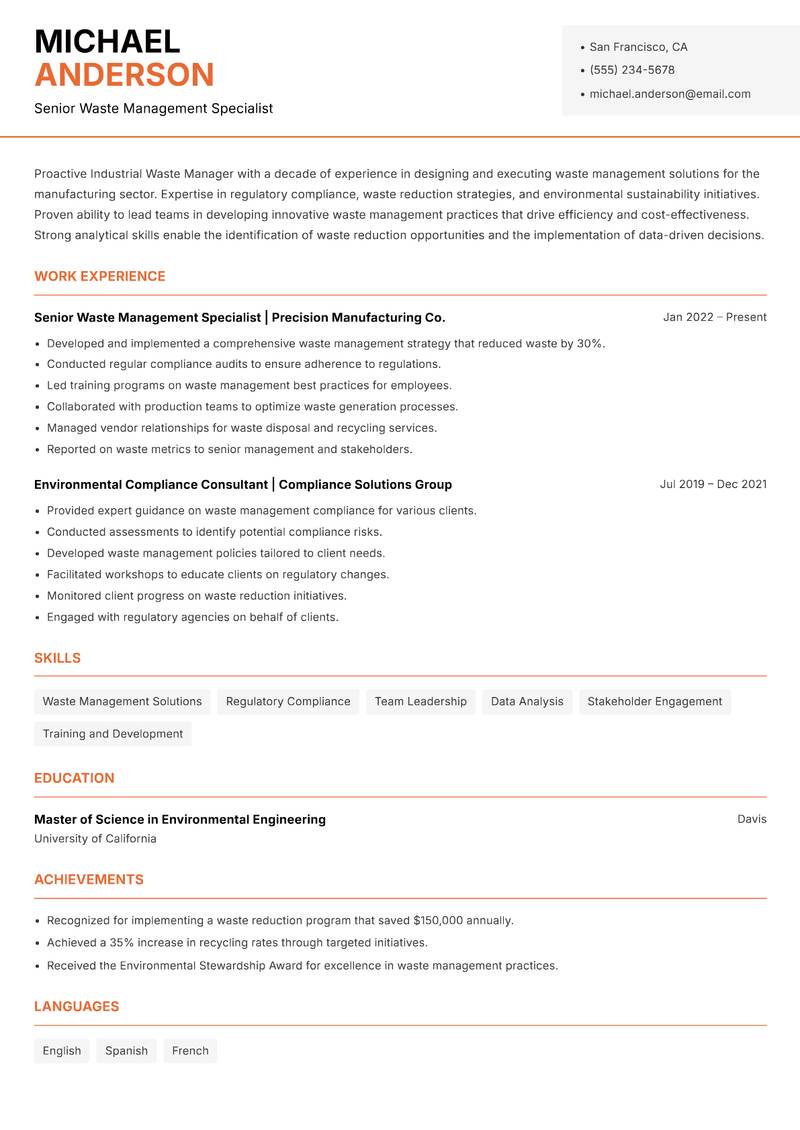 Industrial Waste Manager resume sample — Senior Waste Management Specialist focus