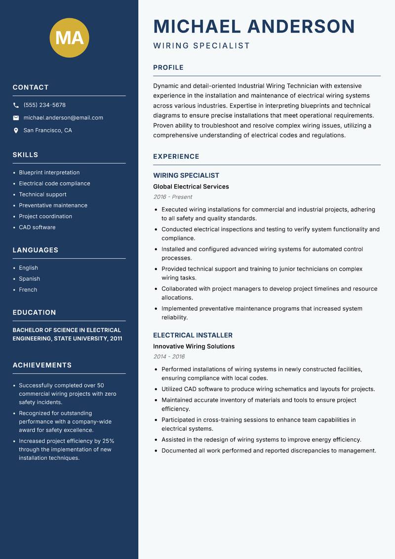 Industrial Wiring Technician resume sample — Wiring Specialist focus