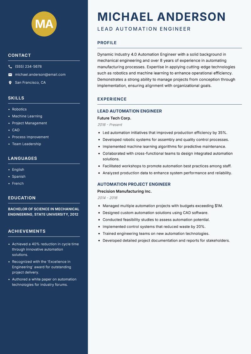 Industry 4.0 Automation Engineer resume sample — Lead Automation Engineer focus
