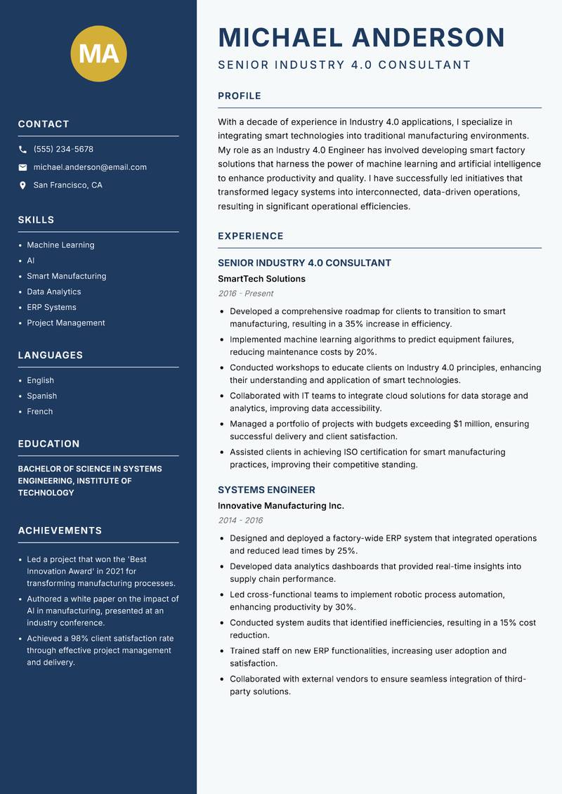 Industry 4.0 Engineer resume sample — Senior Industry 4.0 Consultant focus