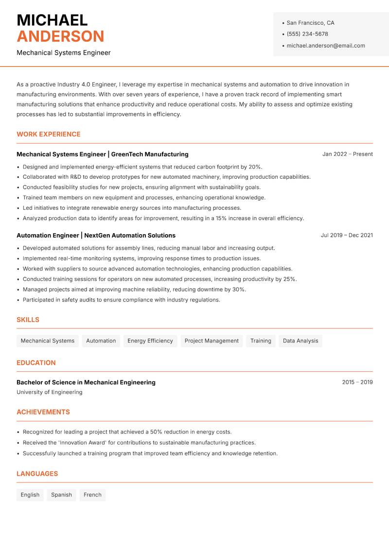 Industry 4.0 Engineer resume sample — Mechanical Systems Engineer focus