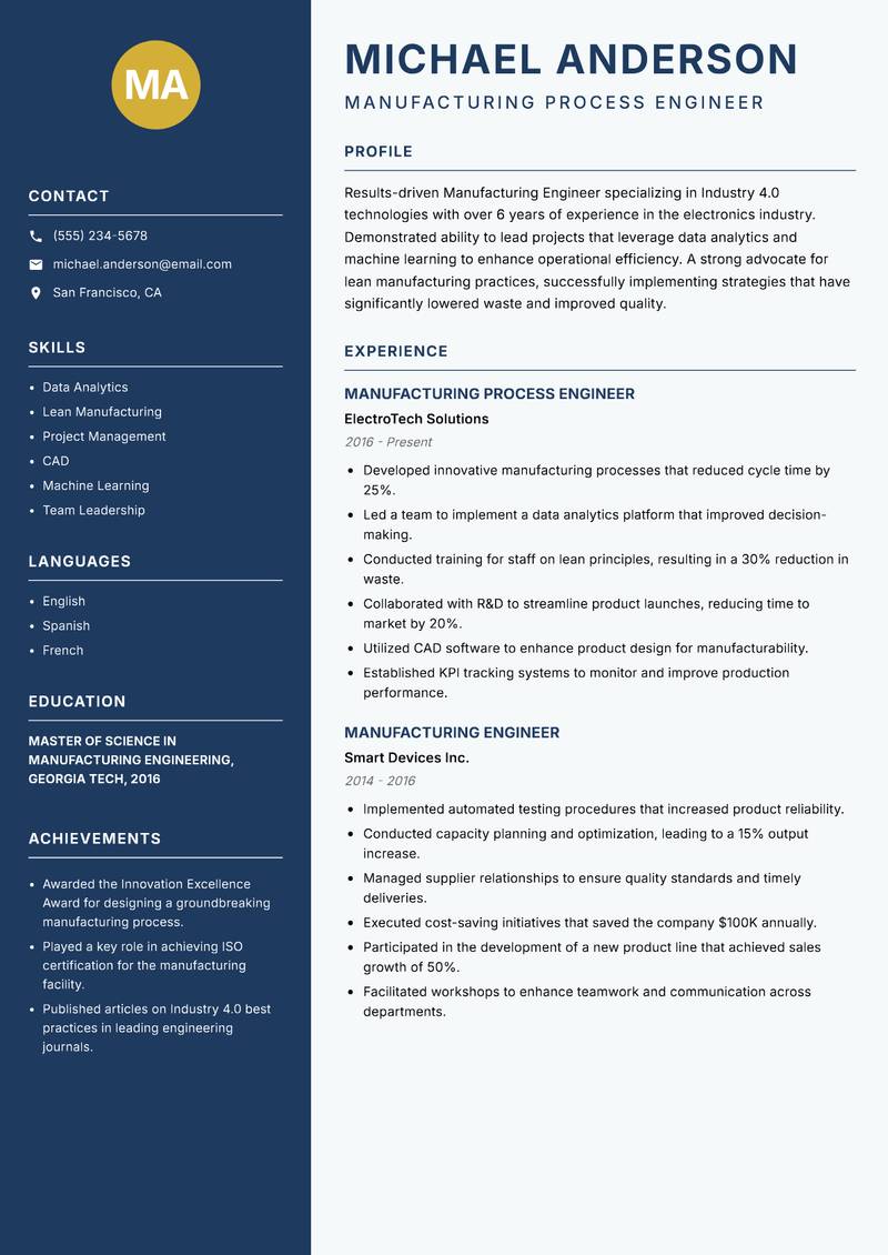 Industry 4.0 Manufacturing Engineer resume sample — Manufacturing Process Engineer focus