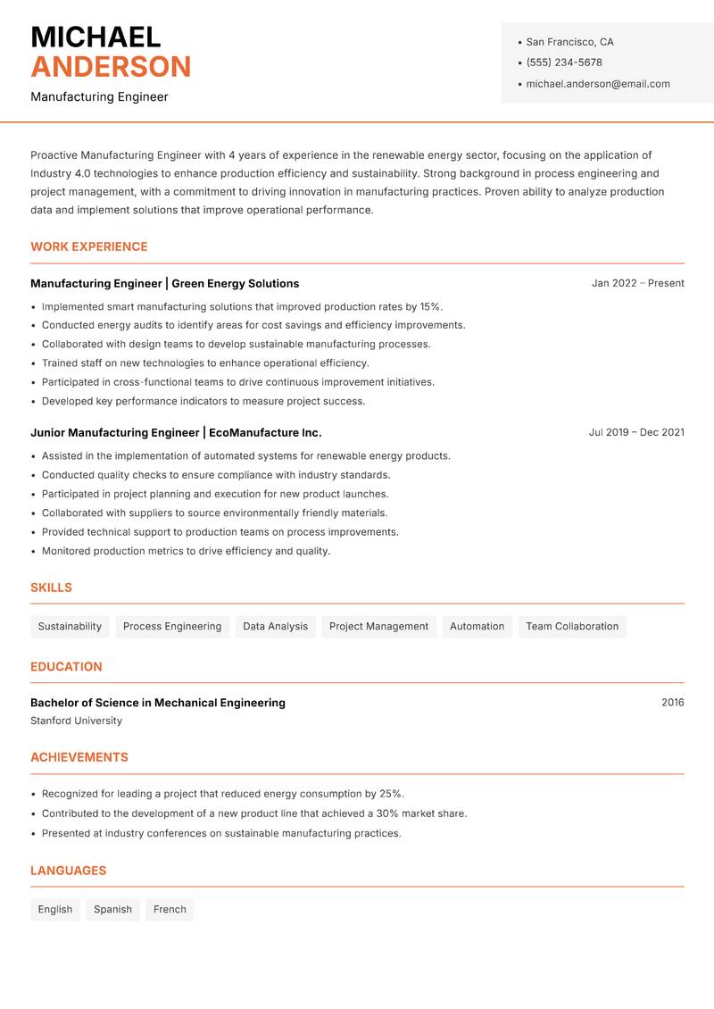 Industry 4.0 Manufacturing Engineer resume sample — Manufacturing Engineer focus