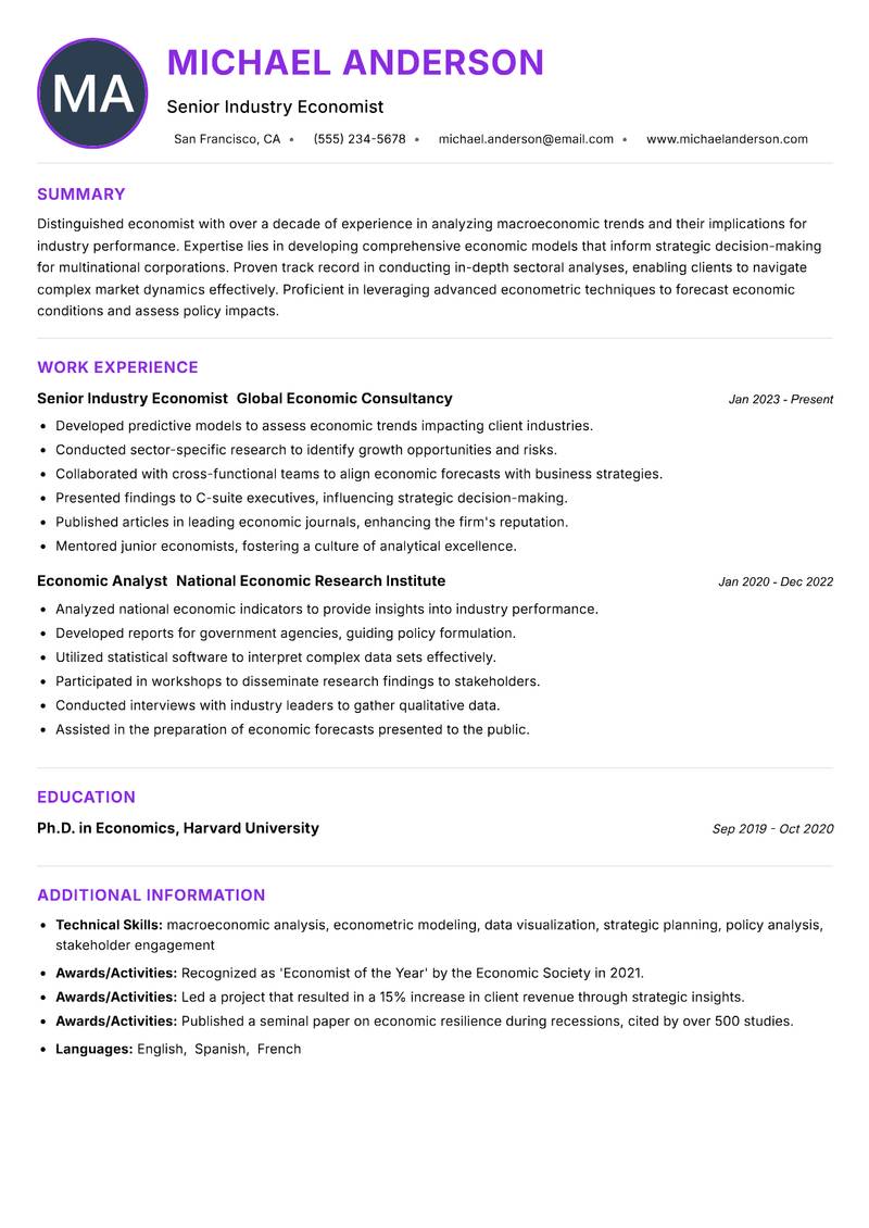 Industry Economist resume example