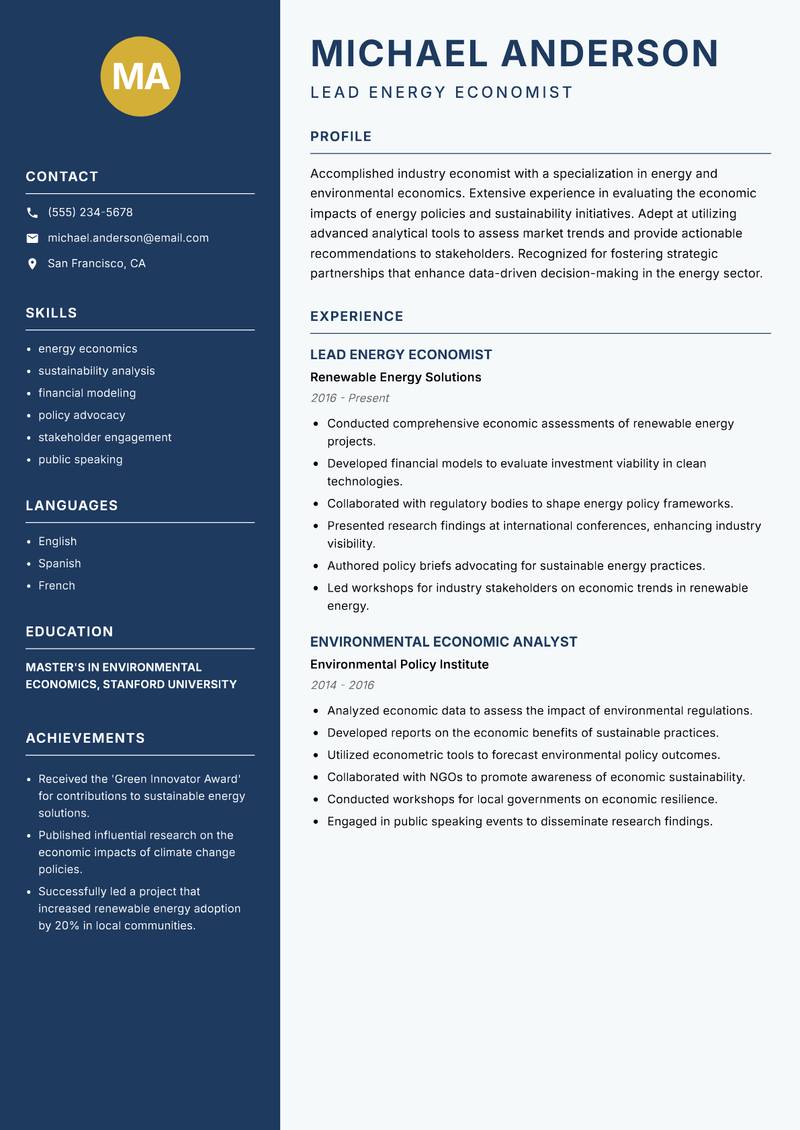 Industry Economist resume sample — Lead Energy Economist focus