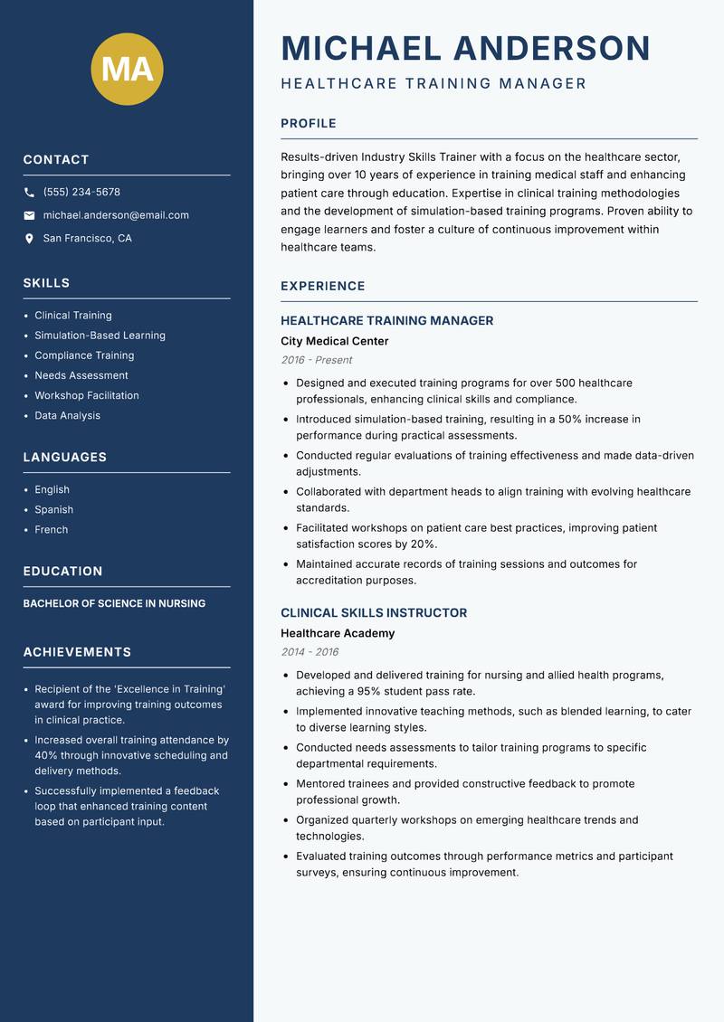 Industry Skills Trainer resume sample — Healthcare Training Manager focus