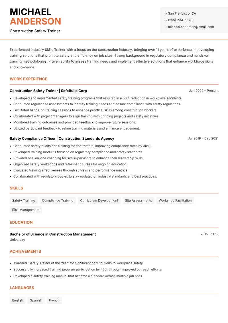 Industry Skills Trainer resume sample — Construction Safety Trainer focus