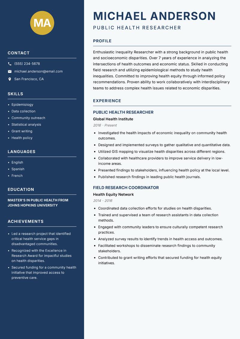 Inequality Researcher resume sample — Public Health Researcher focus