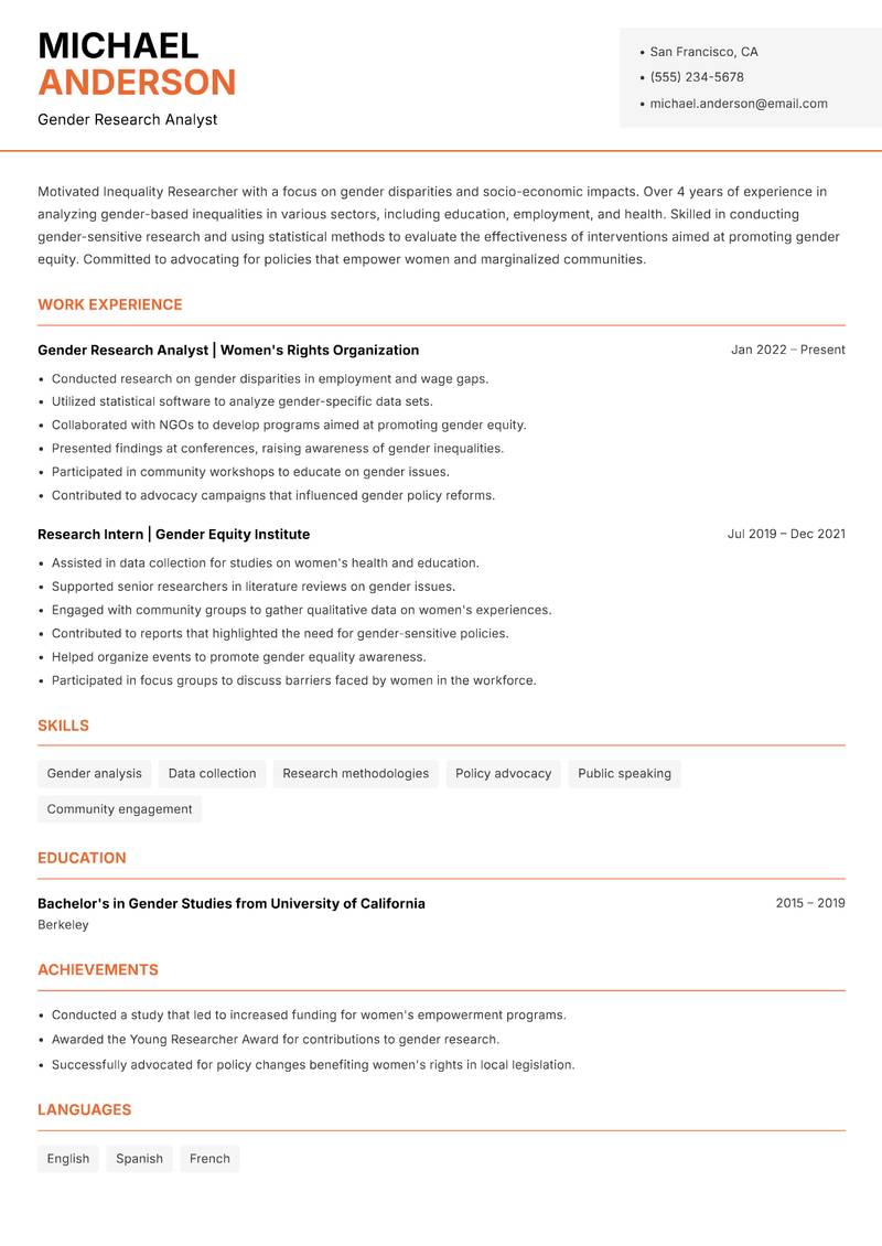 Inequality Researcher resume sample — Gender Research Analyst focus