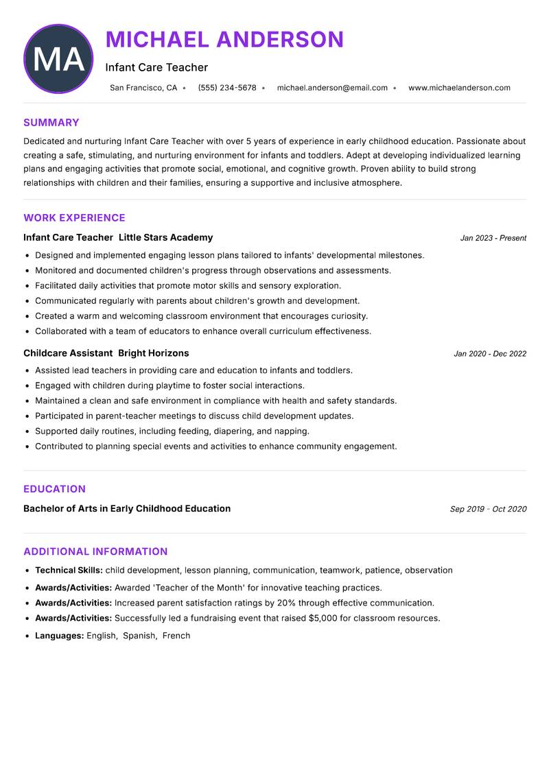 Infant Care Teacher resume example