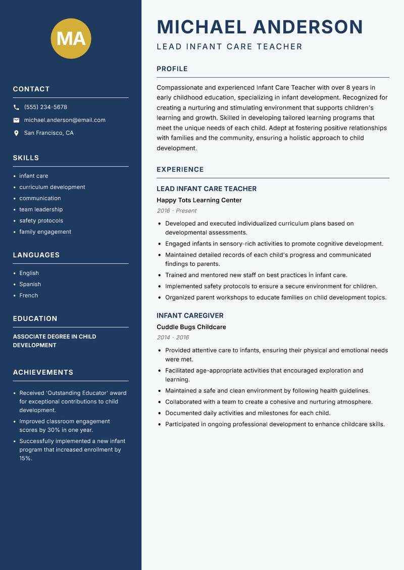 Infant Care Teacher resume sample — Lead Infant Care Teacher focus