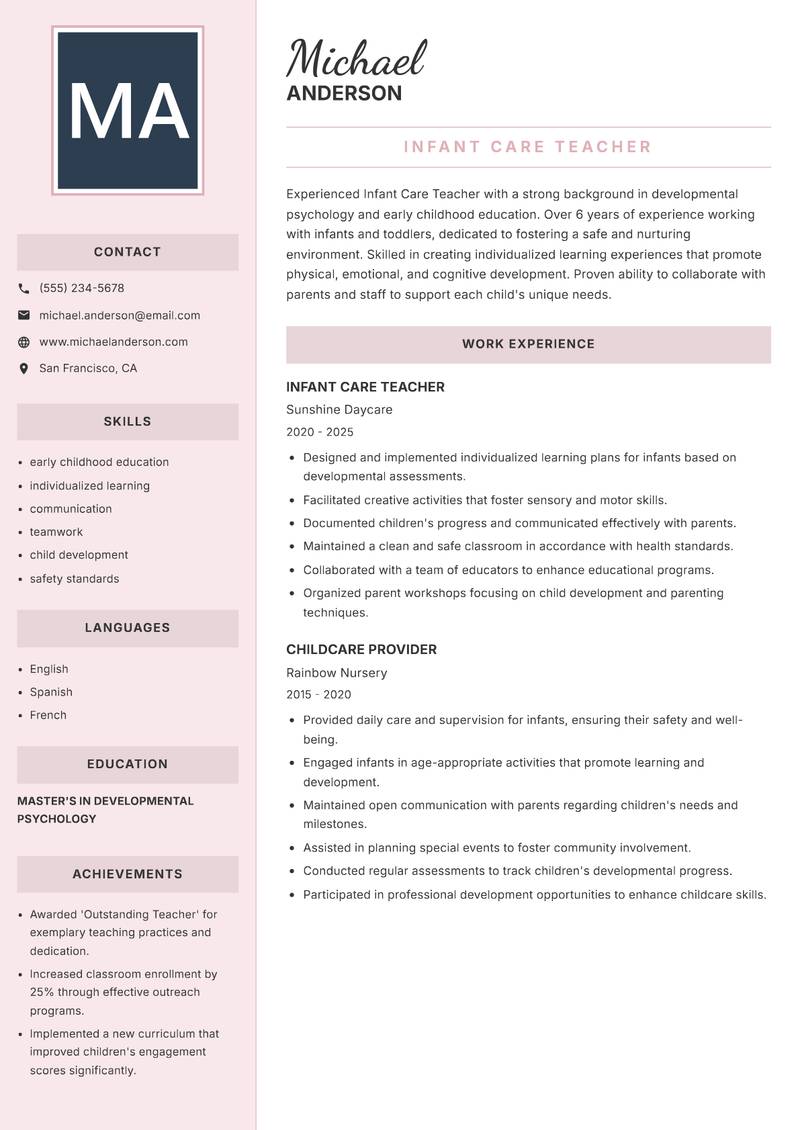 Infant Care Teacher resume sample — Infant Care Teacher focus