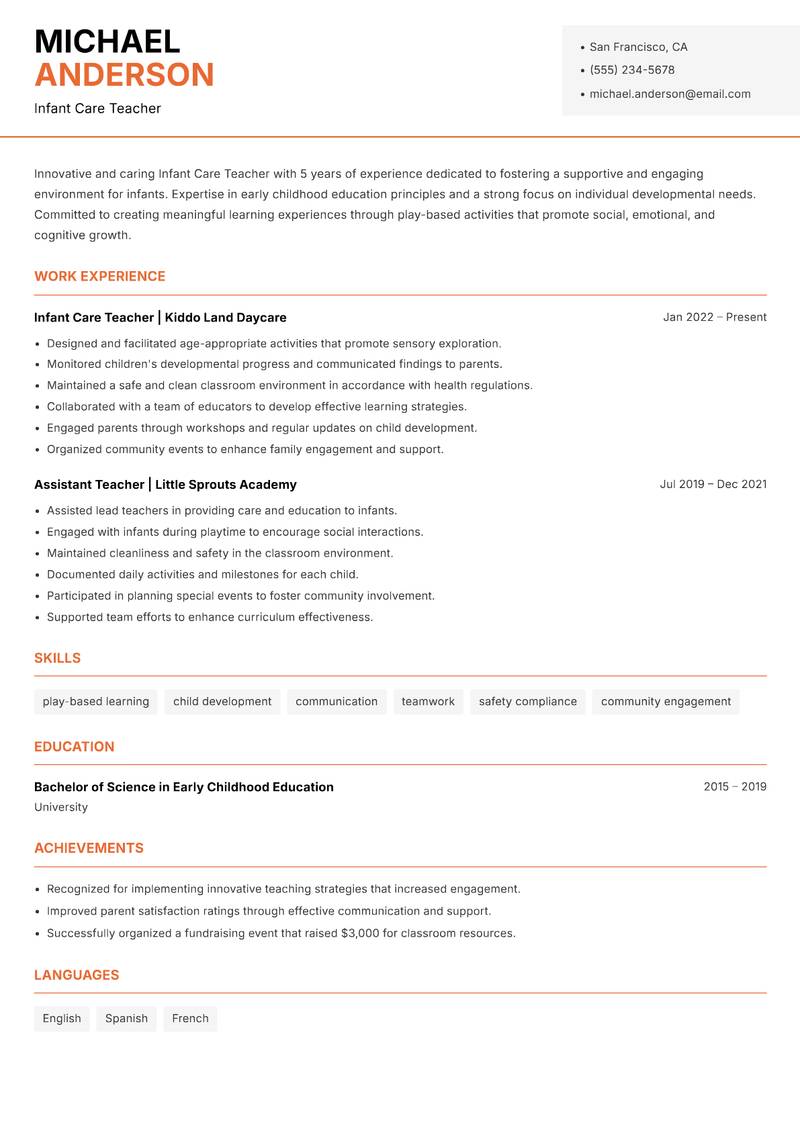 Infant Care Teacher resume sample — Infant Care Teacher focus